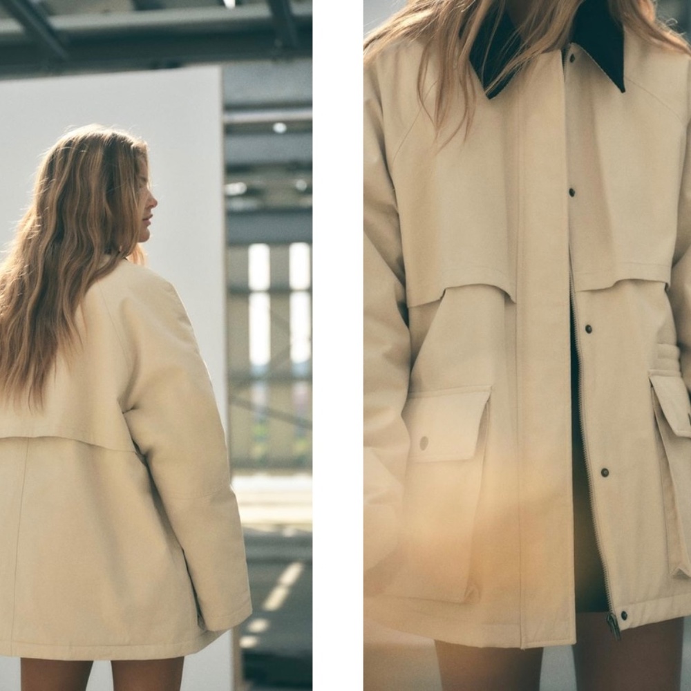 Zara Beige Trench-Style Utility Jacket with Black Collar - Picture 2 of 8